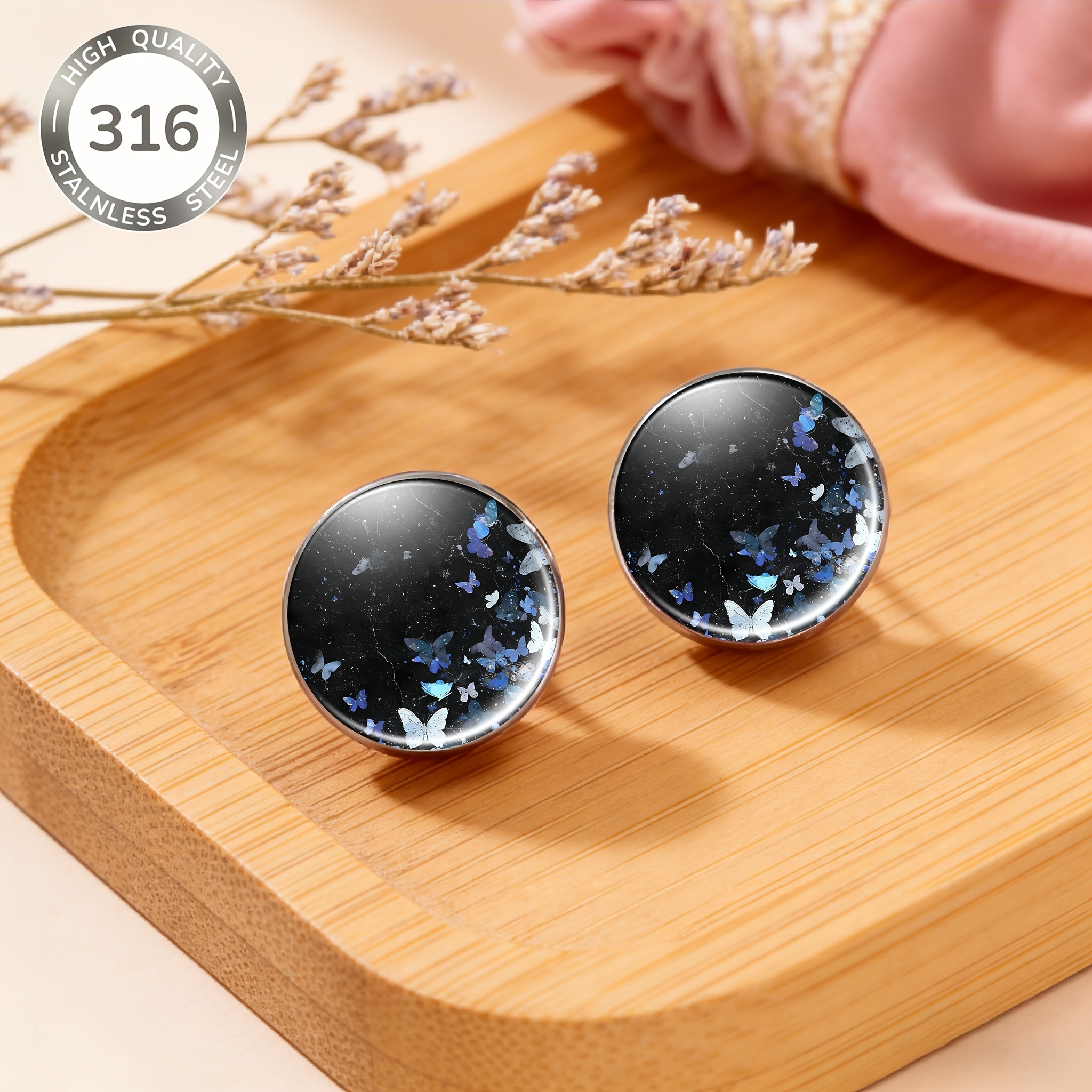 2-Pack Black Marble Butterfly Pattern Round Stud Earrings